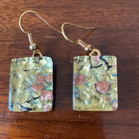 Murano Italy Glass Earrings gold leaf, sea foam green, bronze, and cobalt blue - Picture 1 of 9